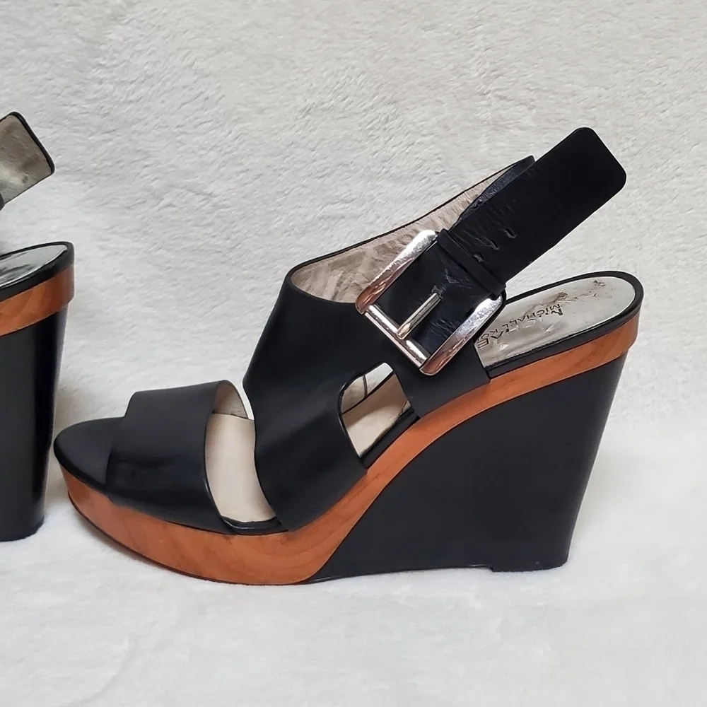 MICHAEL Kors Carla Black Leather Faux Wood Platform Wedge Strappy Sandal 9.5